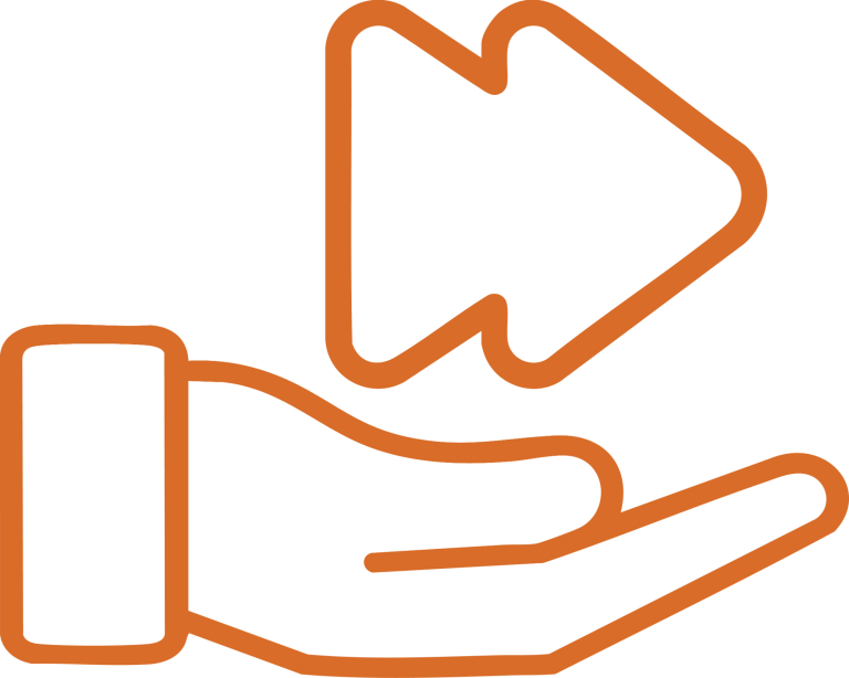 Outline of a hand holding a right arrow, symbolizing guidance or direction.