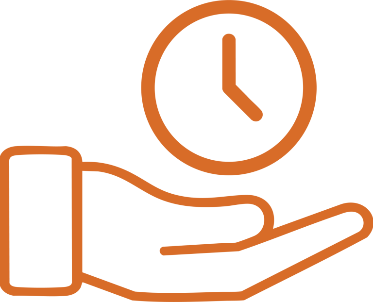 Outline of a hand holding a clock, symbolizing time management or responsibility.