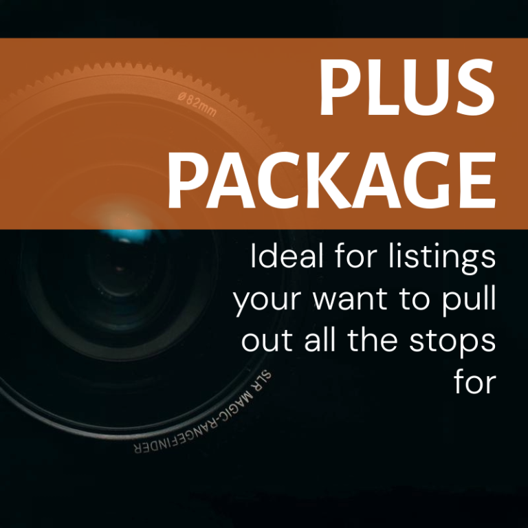 Text promoting a "Plus Package" for enhanced listings, featuring a camera lens graphic.
